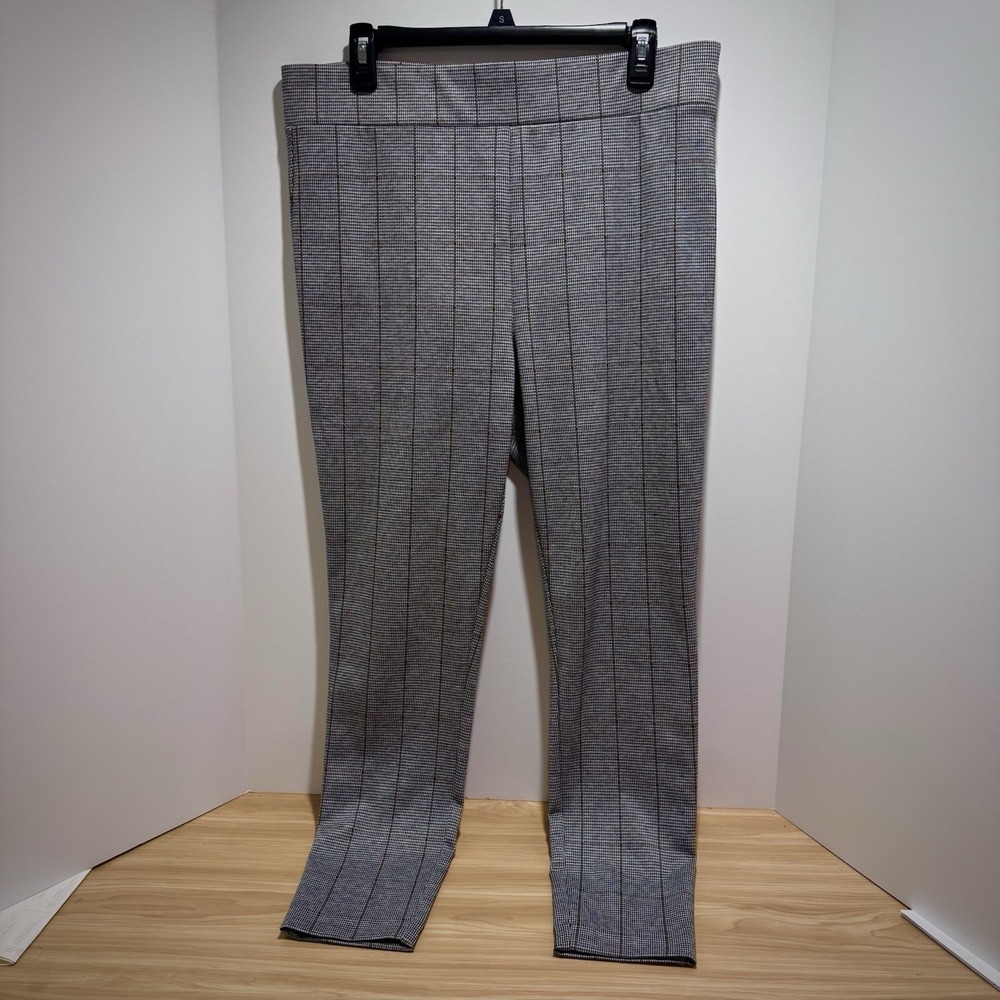 Ann Taylor LOFT Black White Gold Plaid Flat Front Fitted Bottom Pants Sze Medium